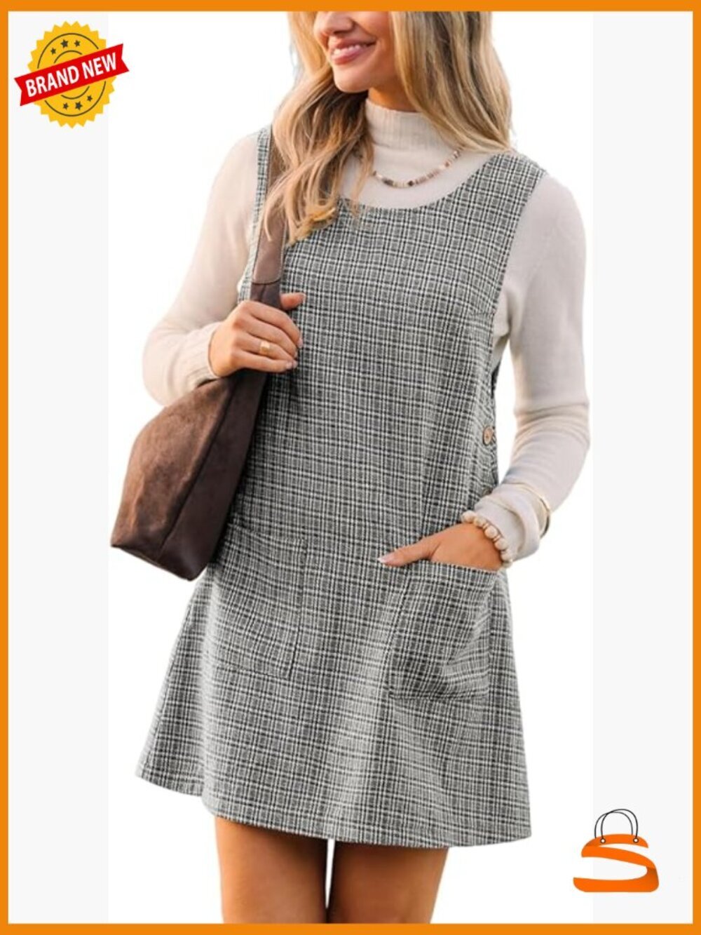 Houndstooth Pinafore Mini Dress Sleeveless Pockets Casual Overall - Picture 1 of 5